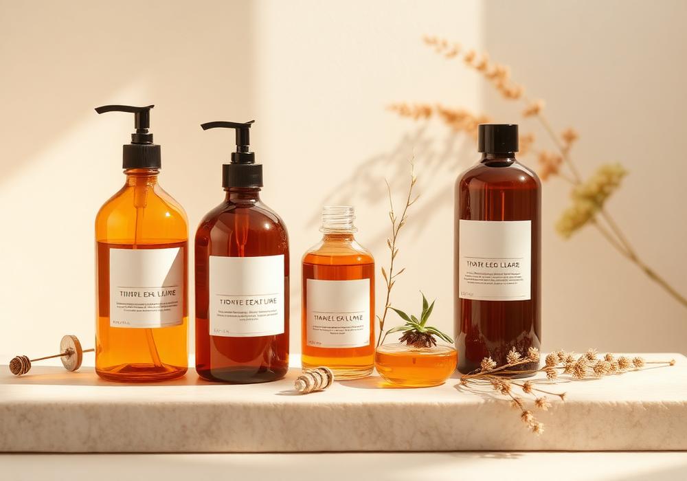 Productos de tricología cosmética limpia sobre superficie de piedra